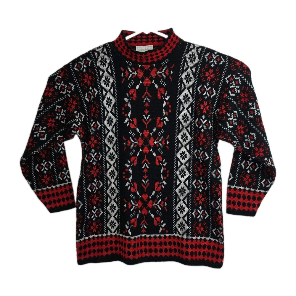 Vintage Jessica Roberts Fair Isle Sweater Womens XL Nordic Black Red Mock Neck